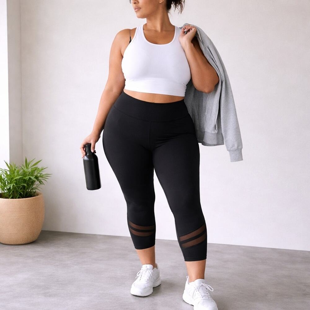 Xersion High Rise Ankle Leggings 2X Black Mesh Cutout Ankle NWT